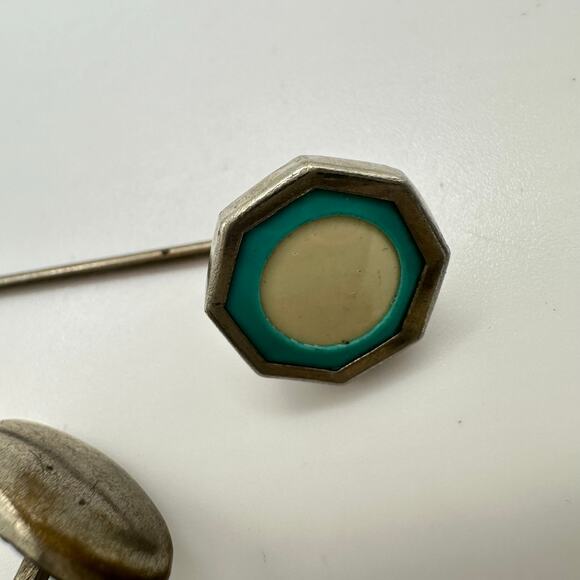 Antique Art Deco 1920s silver tone blue enamel celluloid cufflinks stick pin - Picture 4 of 8